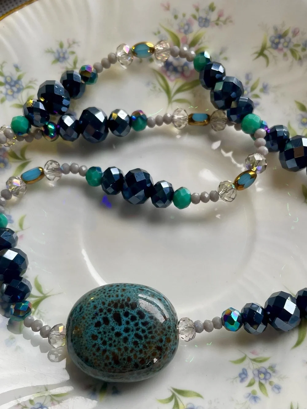 Handcrafted Turquoise & Navy Beaded Necklace with Matching Earrings